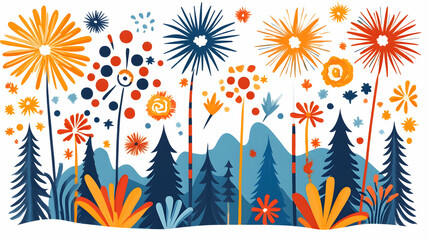 Obraz premium Festive fireworks display over stylized mountain landscape; celebration illustration for cards