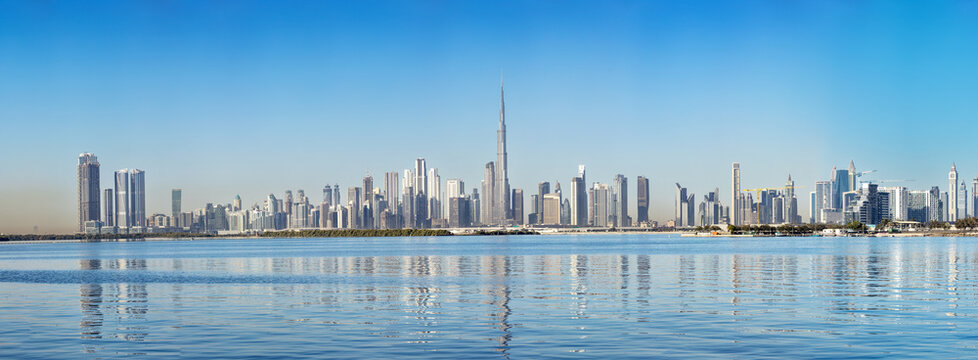 Panoramic view of Dubai's skyline as seen from Dubai Creek Harbour