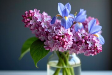 Fototapeta premium Delicate purple lilacs entwined with blue iris stems in a clear glass vase, spring flowers, irises,