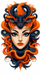 Fiery-haired woman with dragon headdress, fantasy art, decorative background, ideal for game design