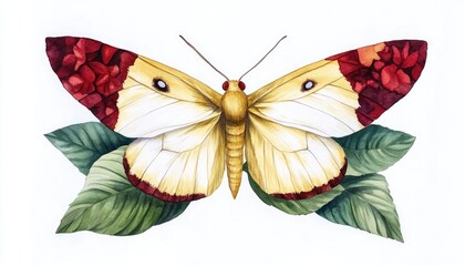 Fototapeta premium Beautifully illustrated butterfly with vibrant red and yellow wings, surrounded by lush green leaves