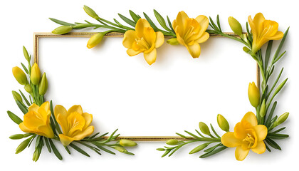 Fototapeta premium Golden Frame with Yellow Freesia Flowers Spring Floral Design