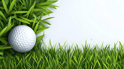 Golf ball on green grass, white background, copy space, sports design