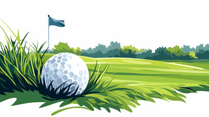 Golf ball on green, flag in background, idyllic landscape, perfect for website banners