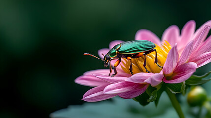 Green beetle on pink dahlia flower, garden background, nature macro photography for website or print
