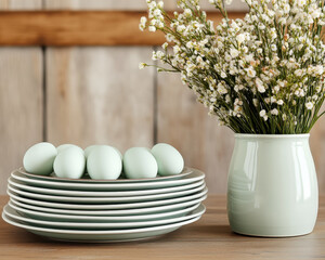 sophisticated Easter dinner table setting featuring mint green plates stacked with pastel eggs and vase of delicate flowers, creating serene and festive atmosphere