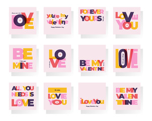 Happy Valentines Day posters set with heart and contemporary typography. Trendy simple abstract background. Flat design advertising templates, banner, cover, label, flyer, card