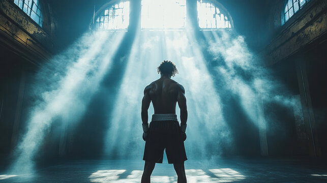A boxer shadowboxing under a single spotlight in a quiet, empty gym