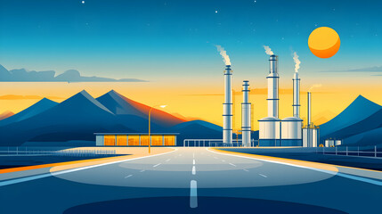 Highway leading to industrial plant at sunset, mountains background; for industry, transport, or environmental reports