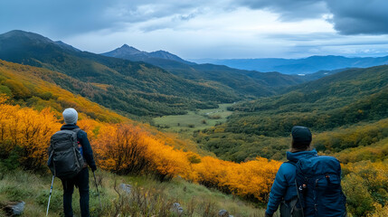 Naklejka premium Hikers admire autumnal mountain valley vista