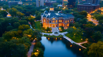 Obraz premium Illuminated courthouse, city park twilight, aerial view, urban landscape, website banner