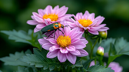 Obraz premium Insect on pink dahlia flowers in garden; nature background; ideal for greeting cards