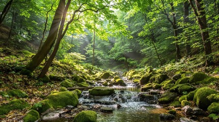Naklejka premium Lush forest scene with sunlight streaming through trees, moss-covered rocks, and a calm flowing stream in the foreground. Nature, tranquility concept. Ai generative.