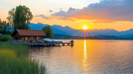 Obraz premium Lakeside cabin sunset, mountain view, calm water, boat dock. Ideal for travel brochures