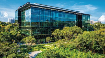 Fototapeta premium captivating low-angle photograph showcasing the reflective surfaces of high-rise buildings, emphasizing the details of their glass curtain walls and urban environment