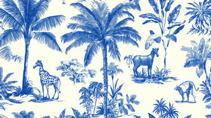 "elegant blue and white tropical wallpaper with safari and palm tree animal prints for stylish interiors"