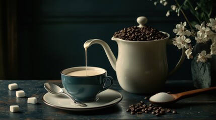 Cream pouring into a dark blue coffee cup