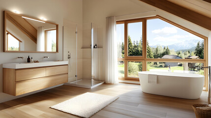 Fototapeta premium Luxurious bathroom with mountain view, modern design, natural light, wooden accents. Ideal for home decor websites
