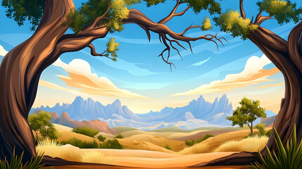 Majestic mountain vista framed by acacia trees, golden savanna foreground, sunset sky; ideal for travel brochures