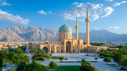 Fototapeta premium Majestic mosque, mountain backdrop, sunny day, city view; travel, tourism