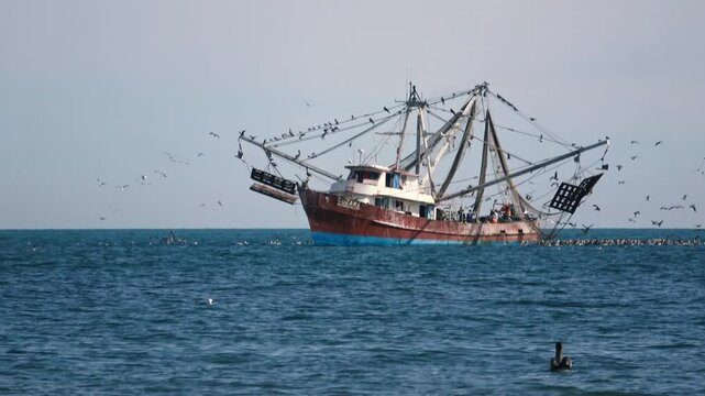 Shrimp trawler fishing boat at sea.