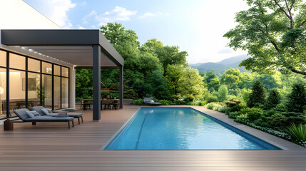 Fototapeta premium Modern house poolside patio, mountain view, luxury lifestyle, real estate