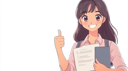A confident anime woman holding a digital resume and giving a thumbs-up, set against a white background