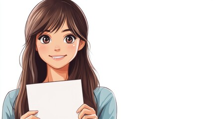 A confident anime girl with sparkling eyes, holding a job search flyer and radiating positivity, isolated on white