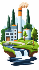 Mountain factory, stream, trees, pollution; eco-industrial illustration