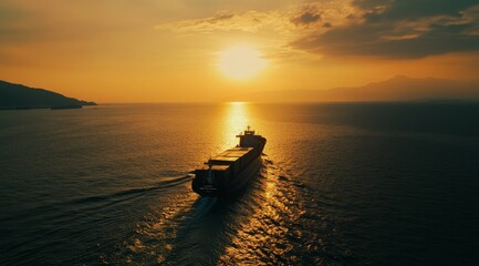 Obraz premium Cargo ship sailing on the ocean at sunset.