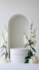 Professional white display stand showcasing white jasmine flowers against pure white background for ads Realistic 3D Podium for Mockup