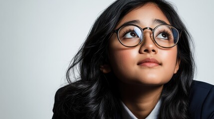 Fototapeta premium Young Woman With Dark Hair Wearing Glasses Looks Upward