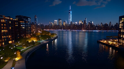 Fototapeta premium Night view of Manhattan skyline across Hudson River, waterfront park, city lights