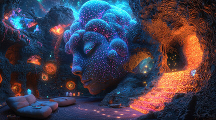 Avant garde digital art featuring glowing cave with large head sculpture and vibrant colors