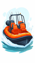 Obraz premium Orange rescue boat speeding on ocean waves, safety equipment visible, background shows water spray. Use Safety, marine, emergency