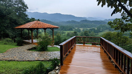 Rainy mountain view from wooden deck; gazebo and path; tranquil landscape; ideal for travel brochures