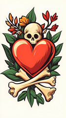 Obraz premium Red heart, skull, crossbones, flowers, leaves; gothic romantic illustration for tattoo design