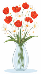 Red tulips and white daisies bouquet in glass vase, spring flowers, home decor, greeting card