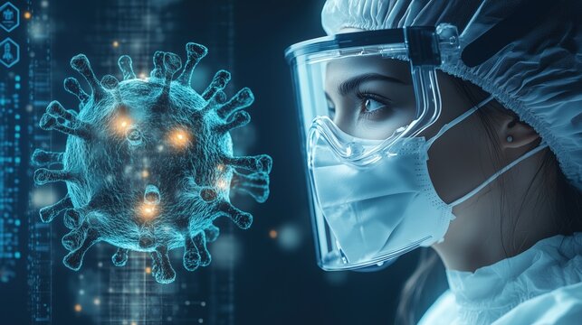 Female healthcare worker wearing protective mask and goggles with digital virus interface - Powered by Adobe