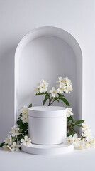 White background product display stand featuring delicate jasmine flowers for minimalist advertisement Realistic 3D Podium for Mockup