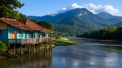Naklejka premium Riverfront house, mountain backdrop, tranquil scene, travel destination