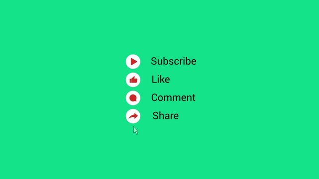 4k youtube pop up, subscribe, like, comment, and share icon button clicked animation, motion graphic with alpha mate, green screen clip template. 