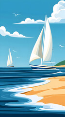 Fototapeta premium Sailboats at sea, sunny day, coastal view, travel poster