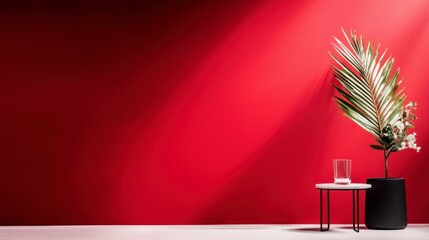 Red wall background  palm leaf  empty glass  minimal decor
