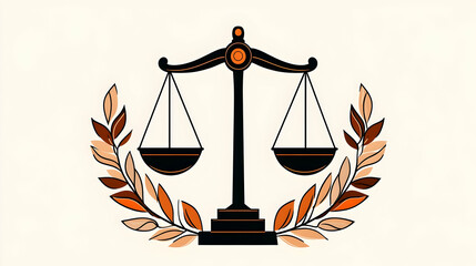Scales of Justice, law symbol, leaves wreath, white background, legal concept illustration