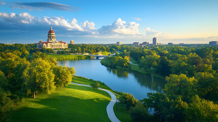 Naklejka premium Scenic sunrise cityscape view, capitol building, river park. Ideal for tourism brochures