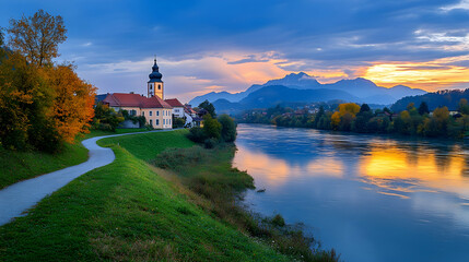 Obraz premium Scenic sunset over river, church, and alpine mountains; idyllic village; travel photography
