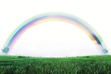 Naklejka premium Serene Meadow Beneath a Colorful Double Rainbow After Rain