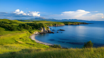 Naklejka premium Serene coastal landscape secluded cove, grassy hills, distant mountains under a sunny sky; ideal for travel brochures