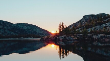 Fototapeta premium Serene Sunset Mountain Lake Reflection Calm Waters Scenic View